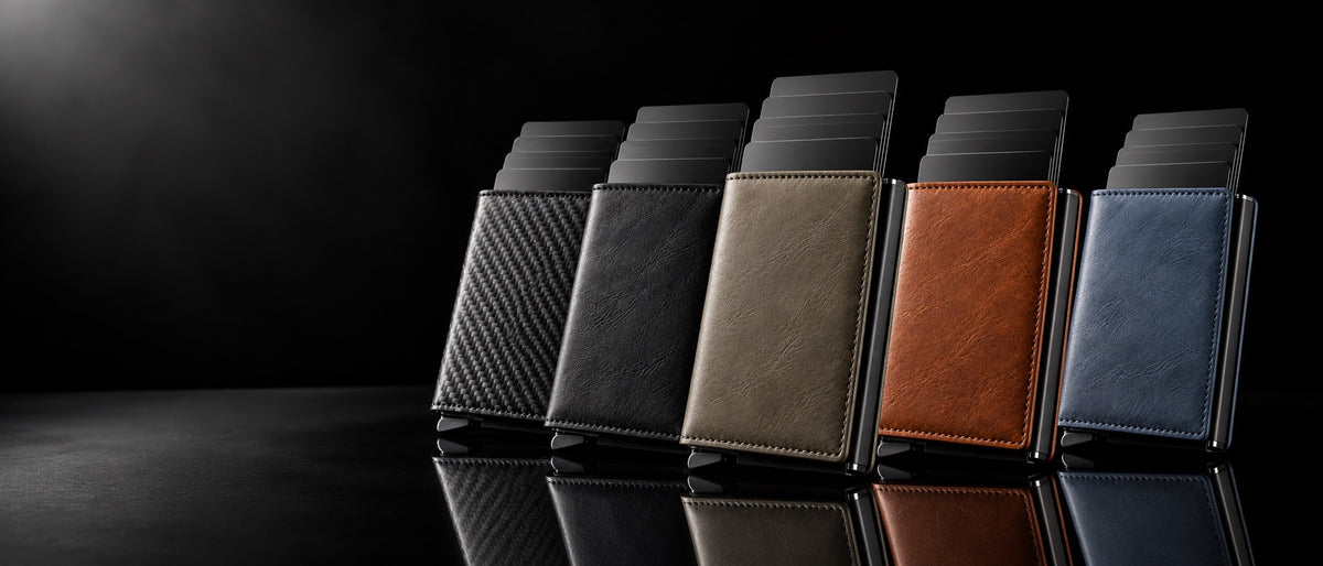Tarjeteros Elegante en sus cinco colores con las tarjetas desplegadas, sobre fondo negro